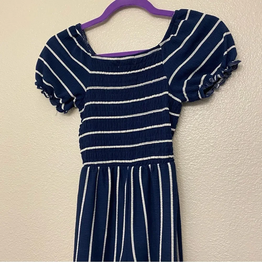 Navy blue puff sleeve wide leg smocked Striped stretchy Jumpsuit Romper 10-12